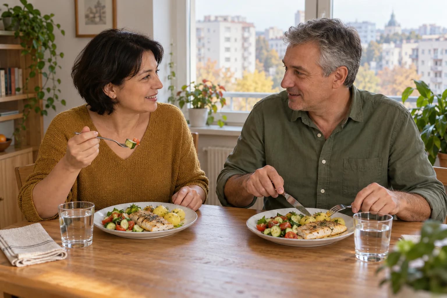 Cuplu la o masă cu pește, cartofi și salată, într-un apartament luminos din România.