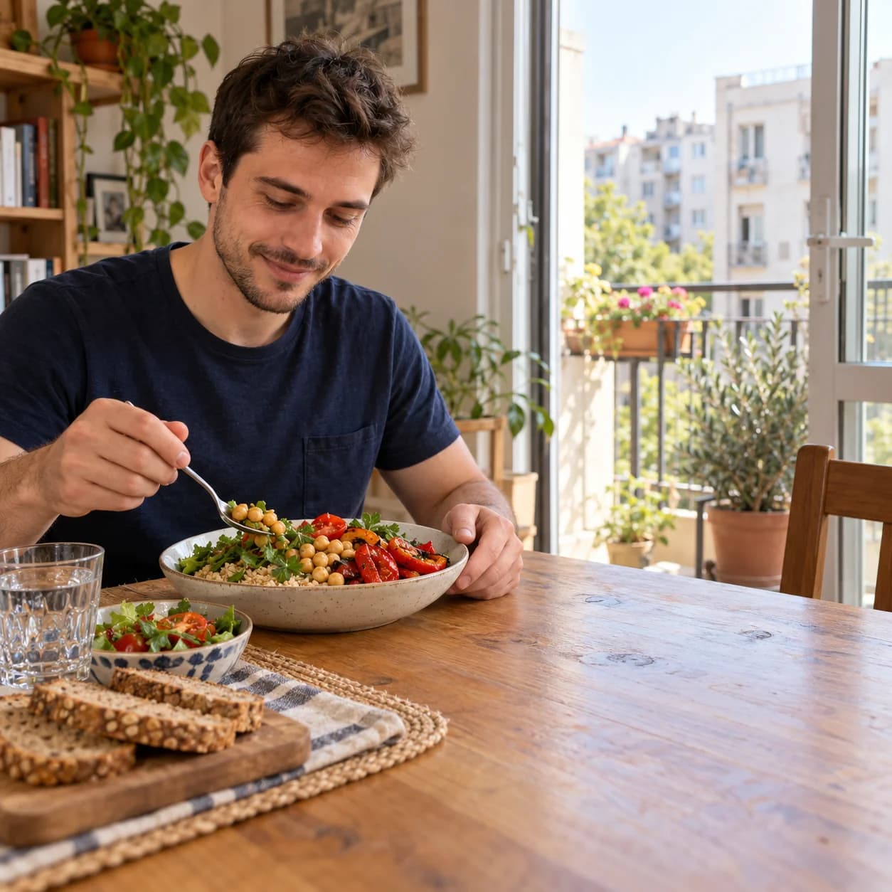 Tânăr la un prânz vegetal, într-un apartament obișnuit din România.