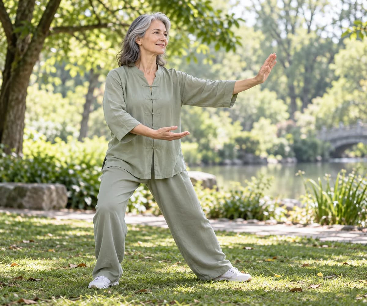 Femeie matură care practică mișcări blânde de tai chi într-un parc, context de mișcare pentru boswellia.
