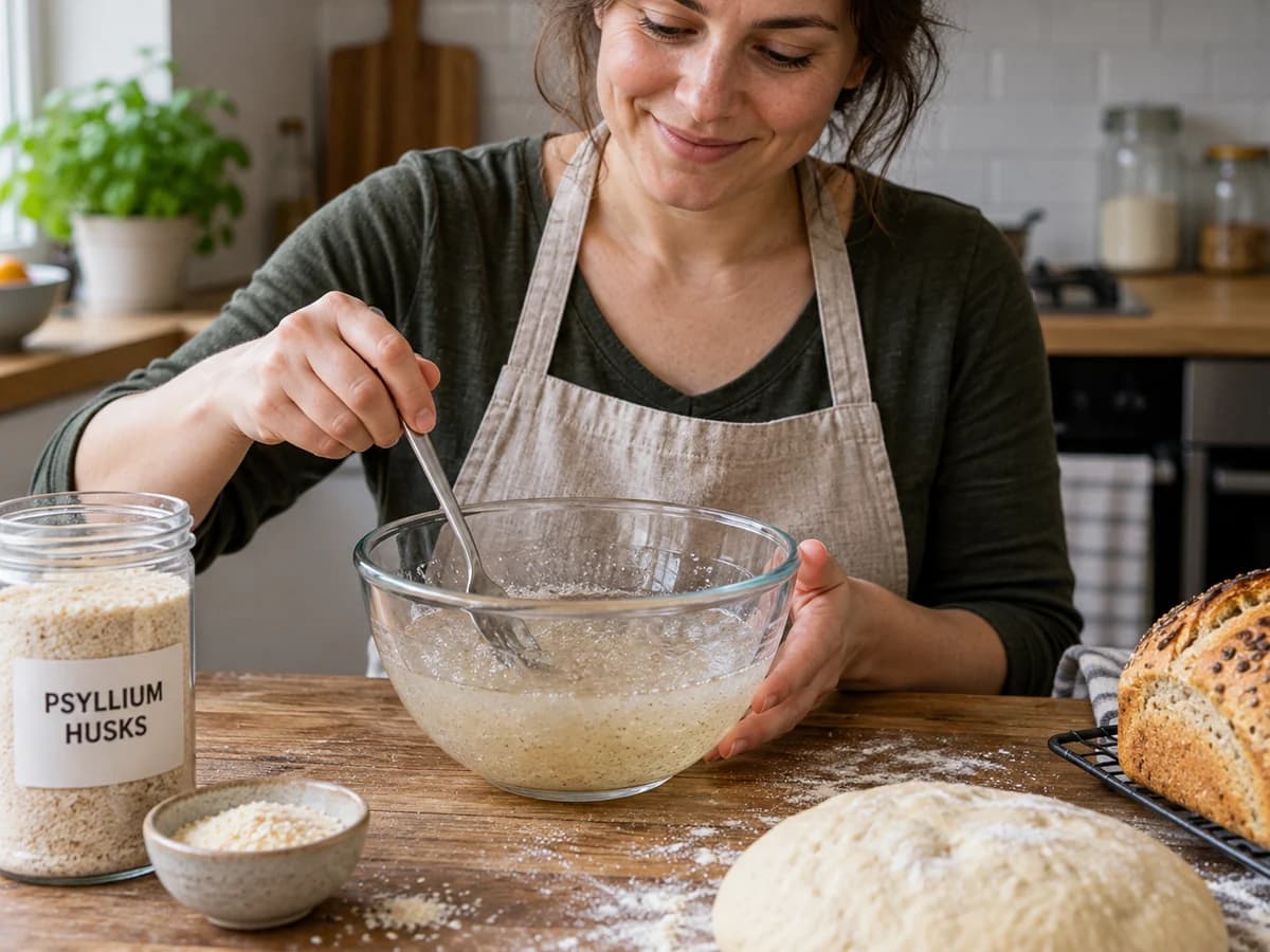 Persoană care amestecă psyllium cu apă într-un bol, pentru prepararea unui gel folosit la gătit.