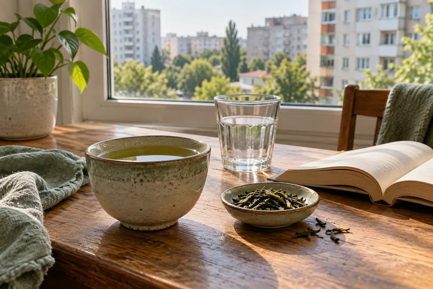 Cană cu ceai verde și frunze de ceai pe o masă lângă fereastră.