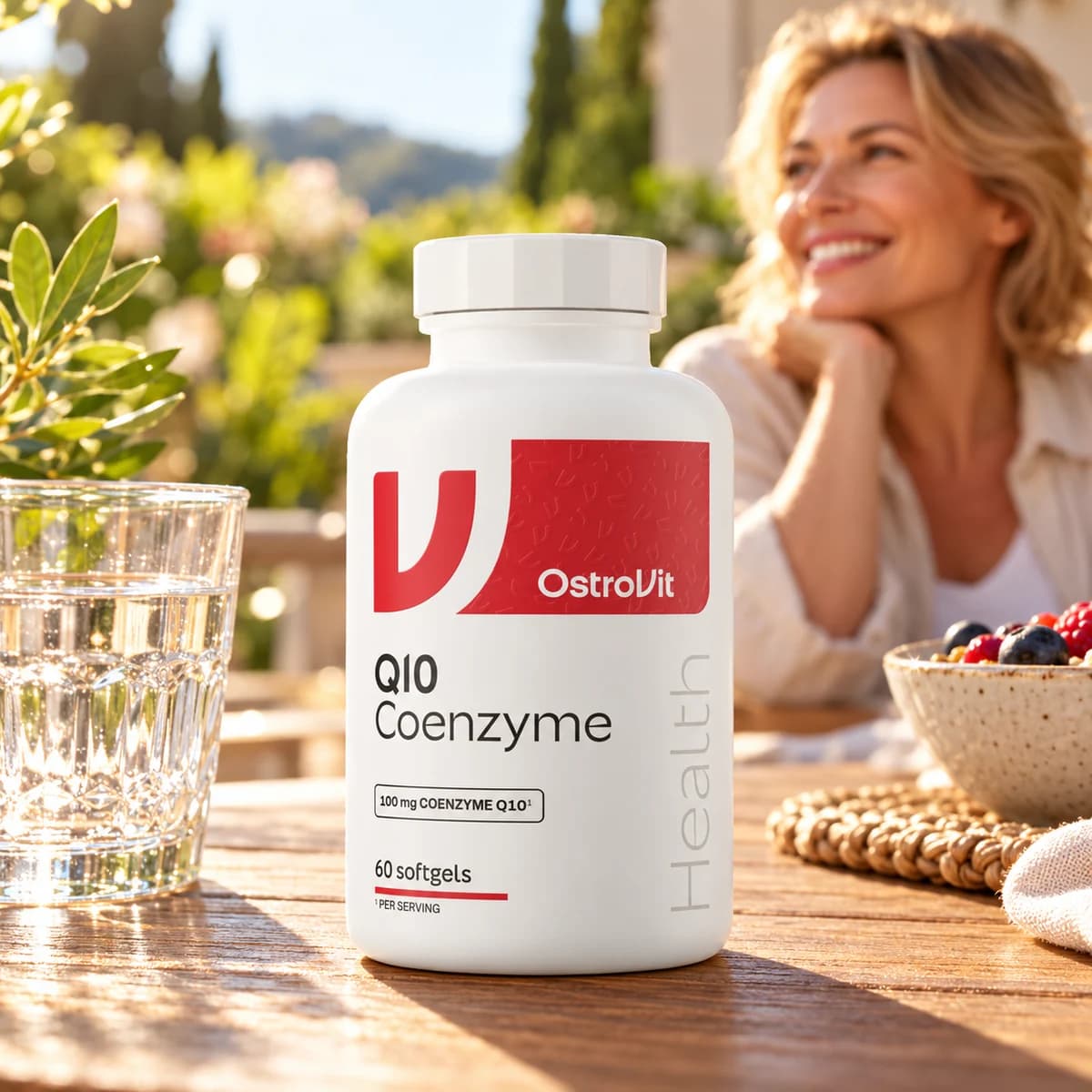 Coenzima Q10 OstroVit 100 mg, 60 capsule — flacon pe o masă de mic dejun în grădină