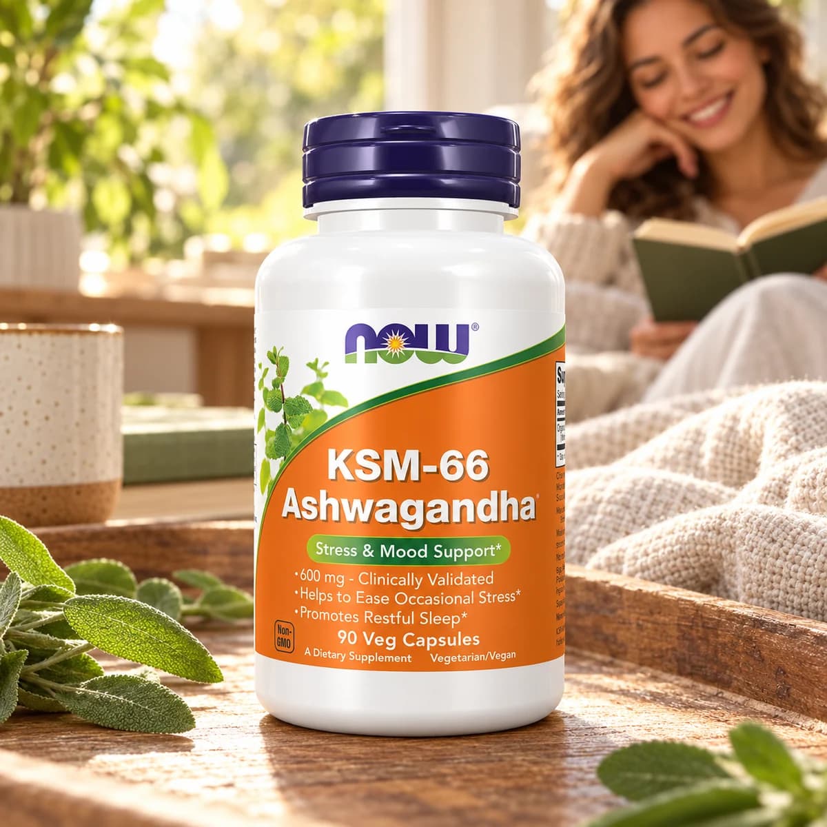 Ashwagandha NOW KSM-66 600 mg, 90 capsule — flacon într-un colț de lectură