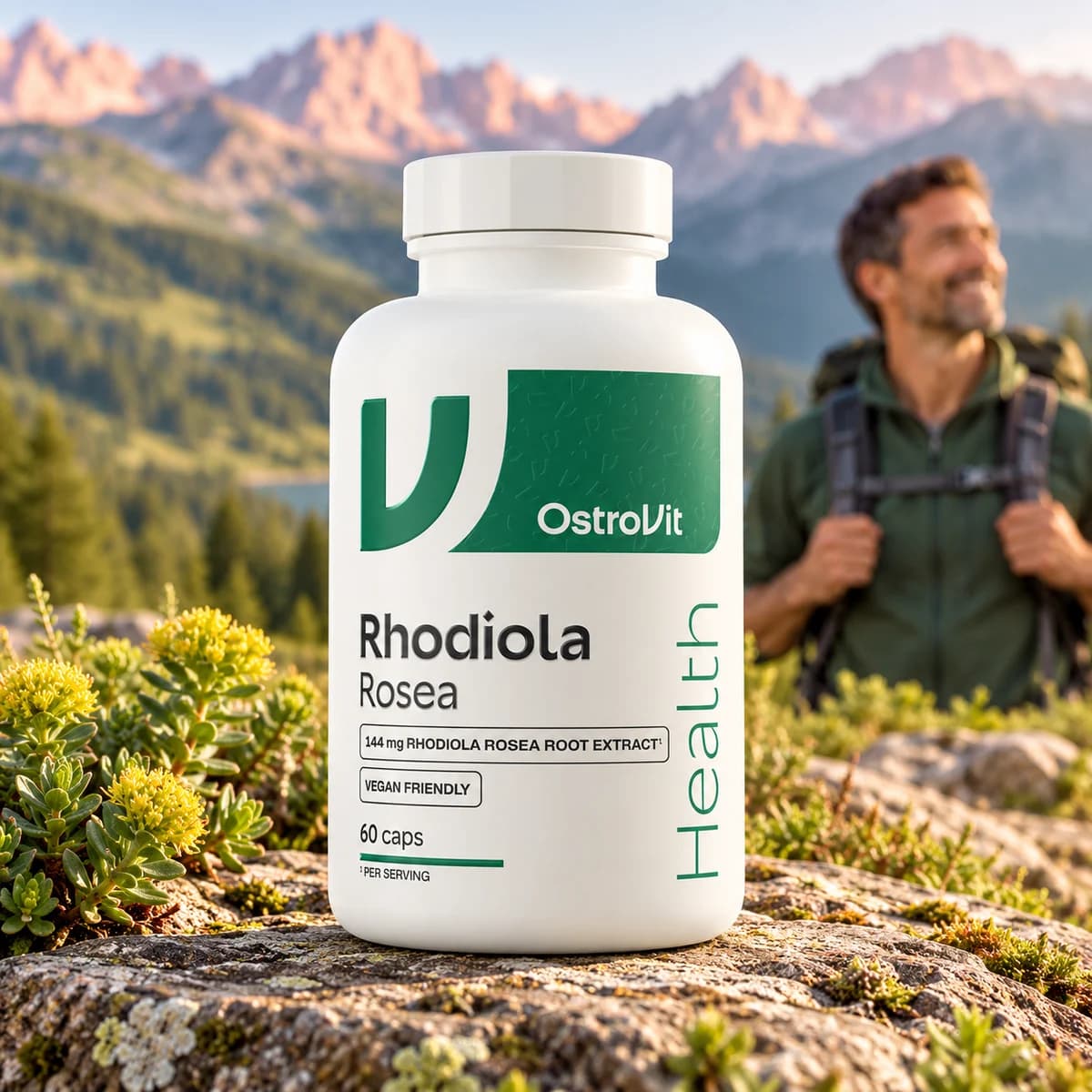 Rhodiola rosea OstroVit 144 mg, 60 capsule — flacon într-un peisaj montan, cu un drumeț în fundal