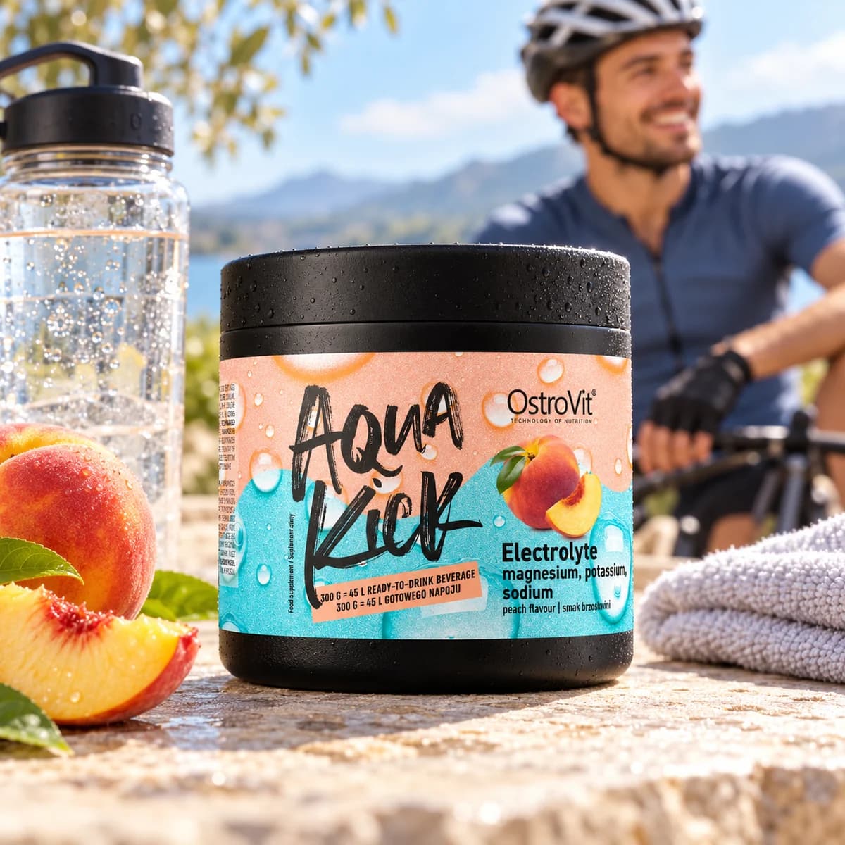 Electroliți OstroVit Aqua Kick, piersică, 300 g — recipient lângă o sticlă cu apă și o piersică, cu un biciclist în fundal