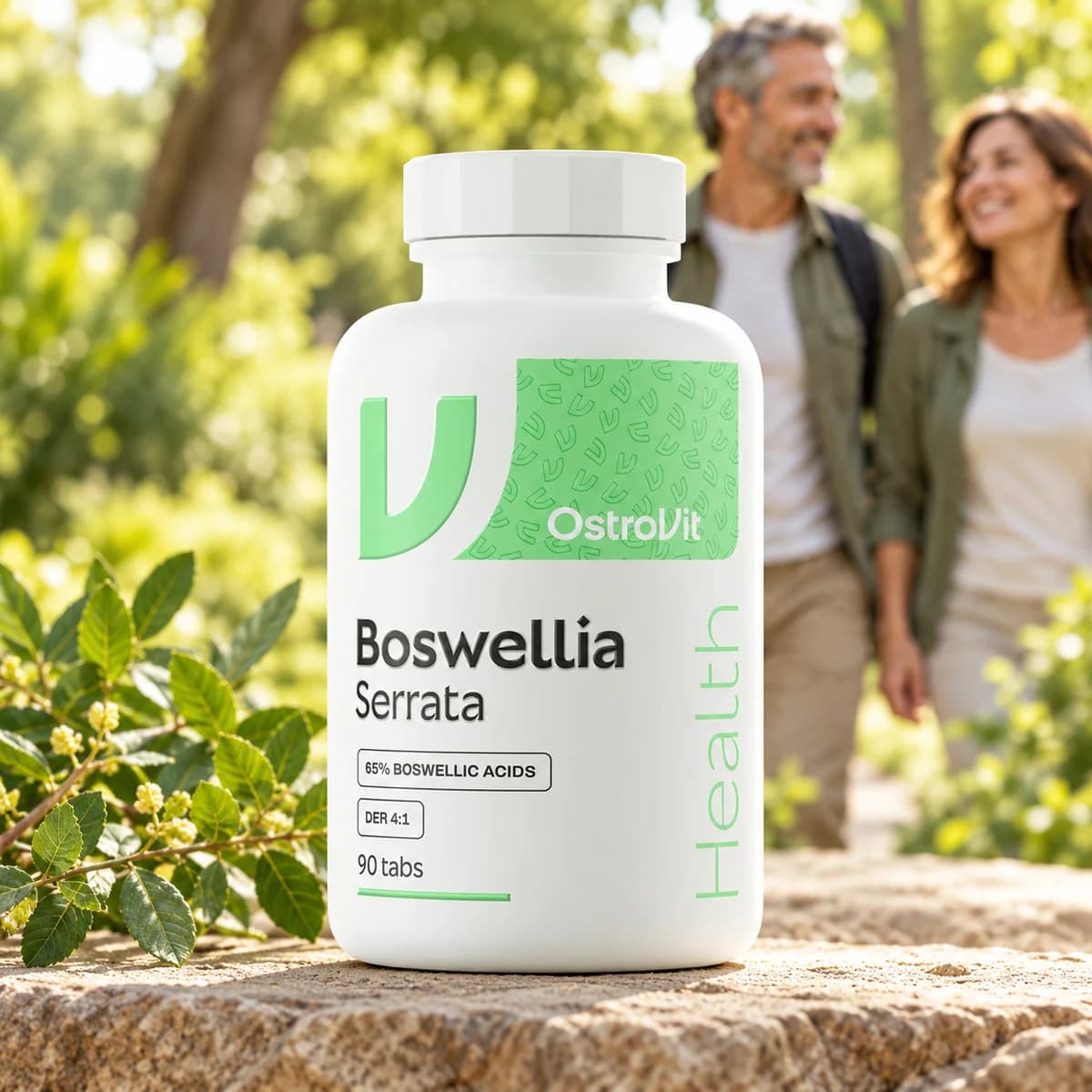 Boswellia serrata OstroVit 1.000 mg, 90 comprimate — flacon în grădină, cu două persoane în fundal