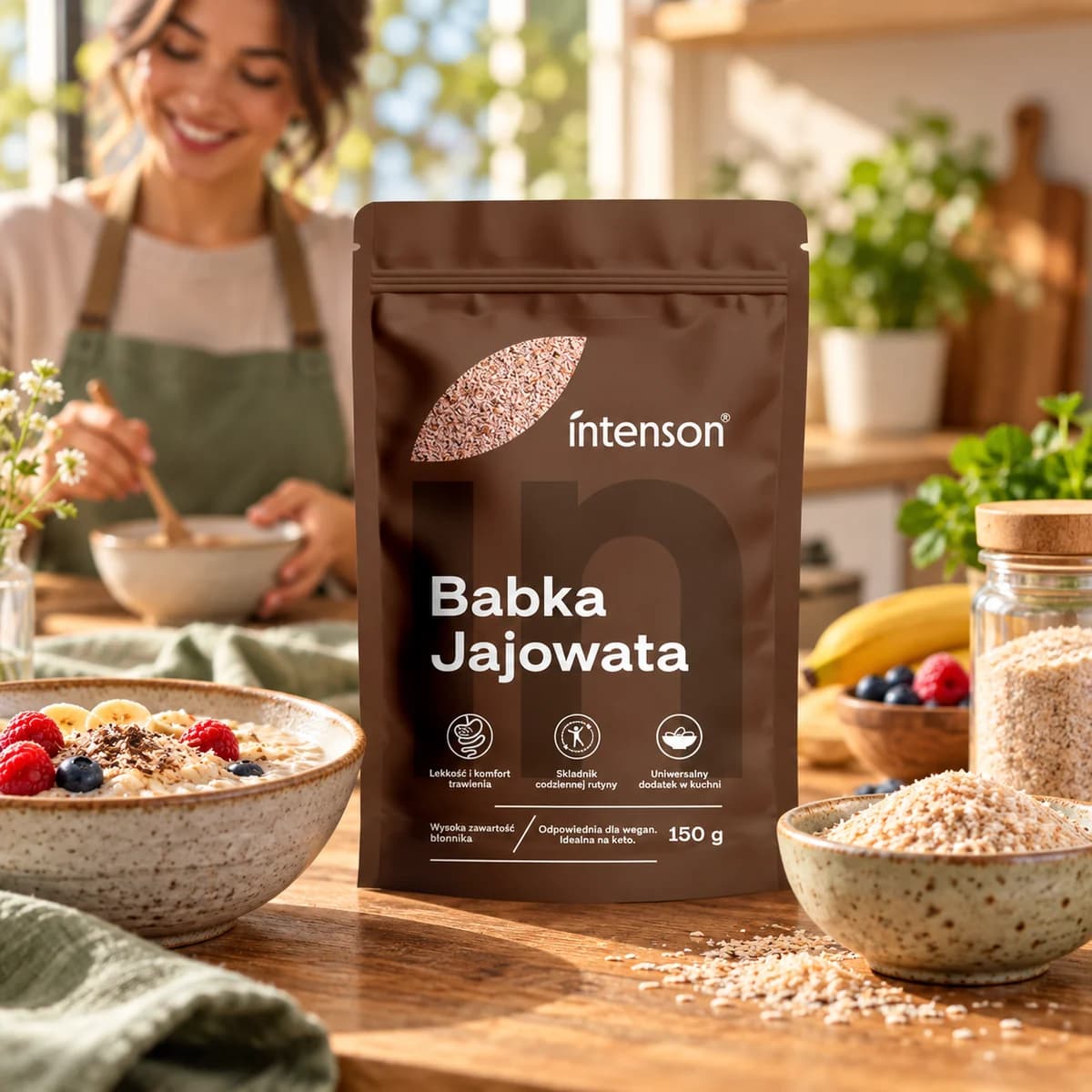 Tărâțe de psyllium Intenson, 150 g — pungă lângă boluri cu cereale și fructe