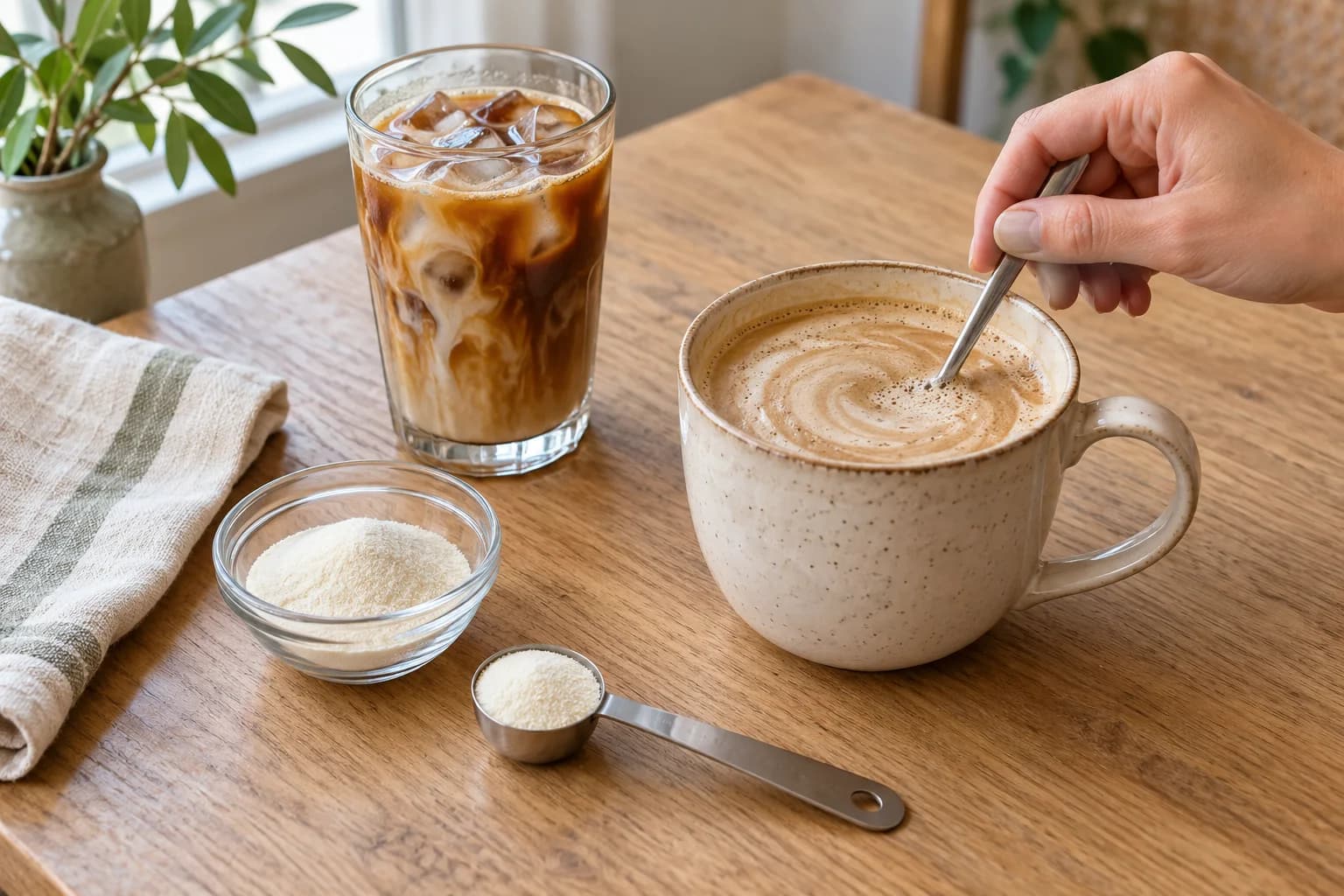 Cafea cu lapte amestecată într-o cană, alături de cafea rece și o măsură cu pudră fără aromă.
