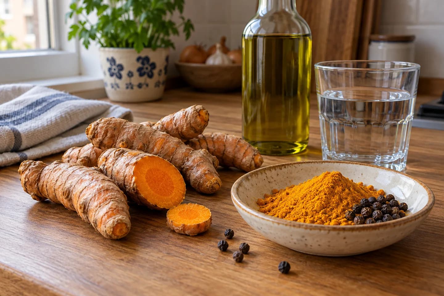 Rizomi de turmeric, pudră galbenă și boabe de piper pe un blat de bucătărie.