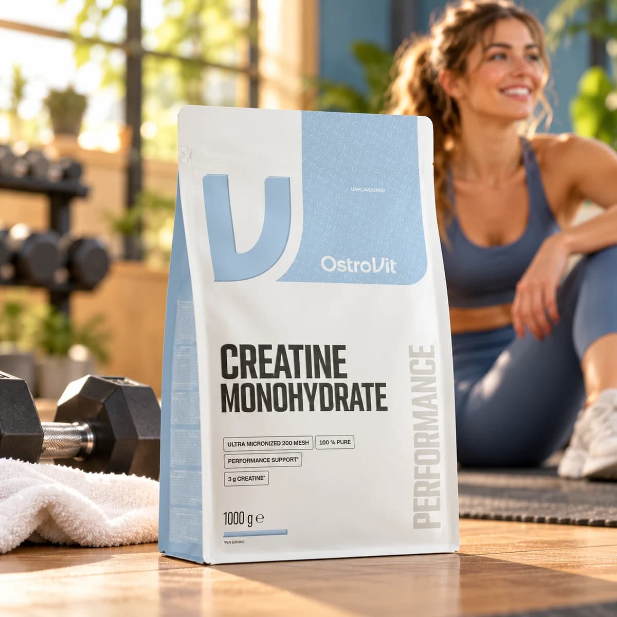 Creatină monohidrată OstroVit, 1 kg, fără aromă — pungă într-o sală de sport luminoasă