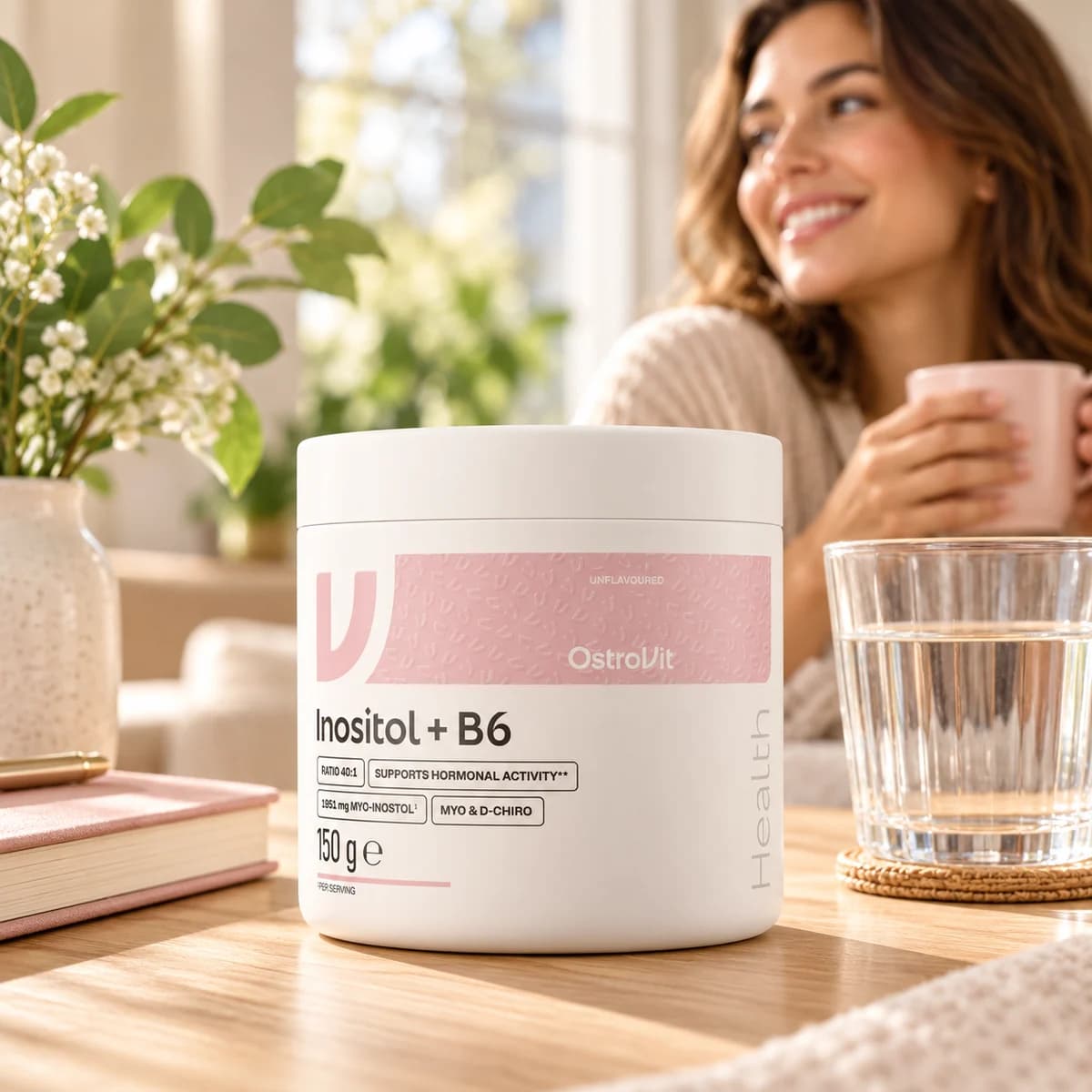 Inozitol OstroVit cu B6, pudră 150 g — cutie lângă un pahar cu apă, într-un interior luminos