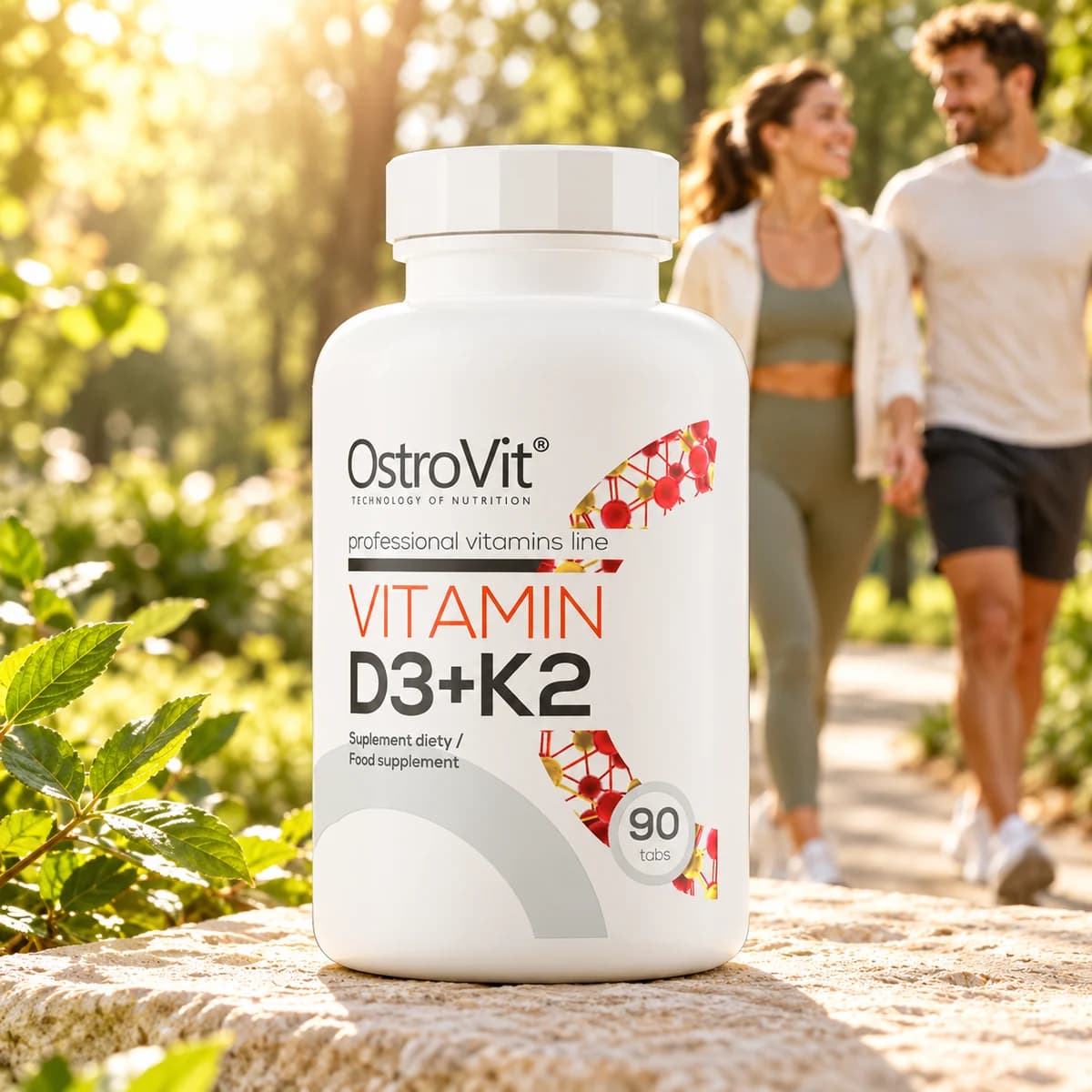 Vitamina D3 cu K2 OstroVit, 2.000 UI, 90 comprimate — flacon într-un parc, cu două persoane pe alee