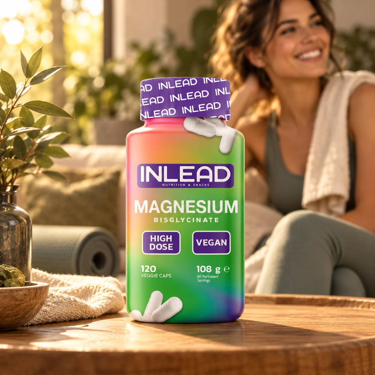 Magneziu bisglicinat Inlead, 120 capsule — flacon lângă un prosop, cu o persoană zâmbitoare în fundal