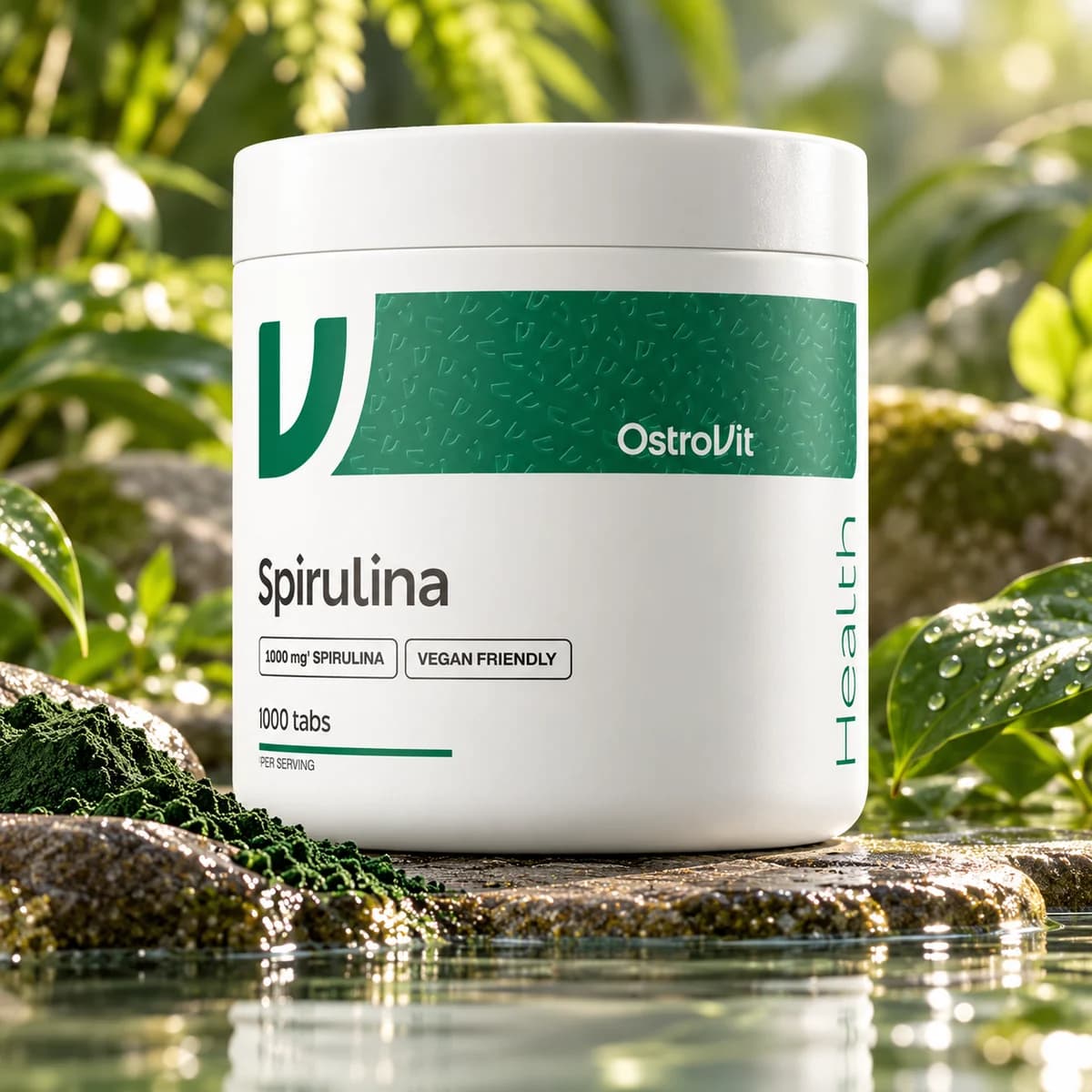 Spirulină OstroVit VEGE, 1.000 comprimate — cutie pe piatră, lângă apă și plante verzi