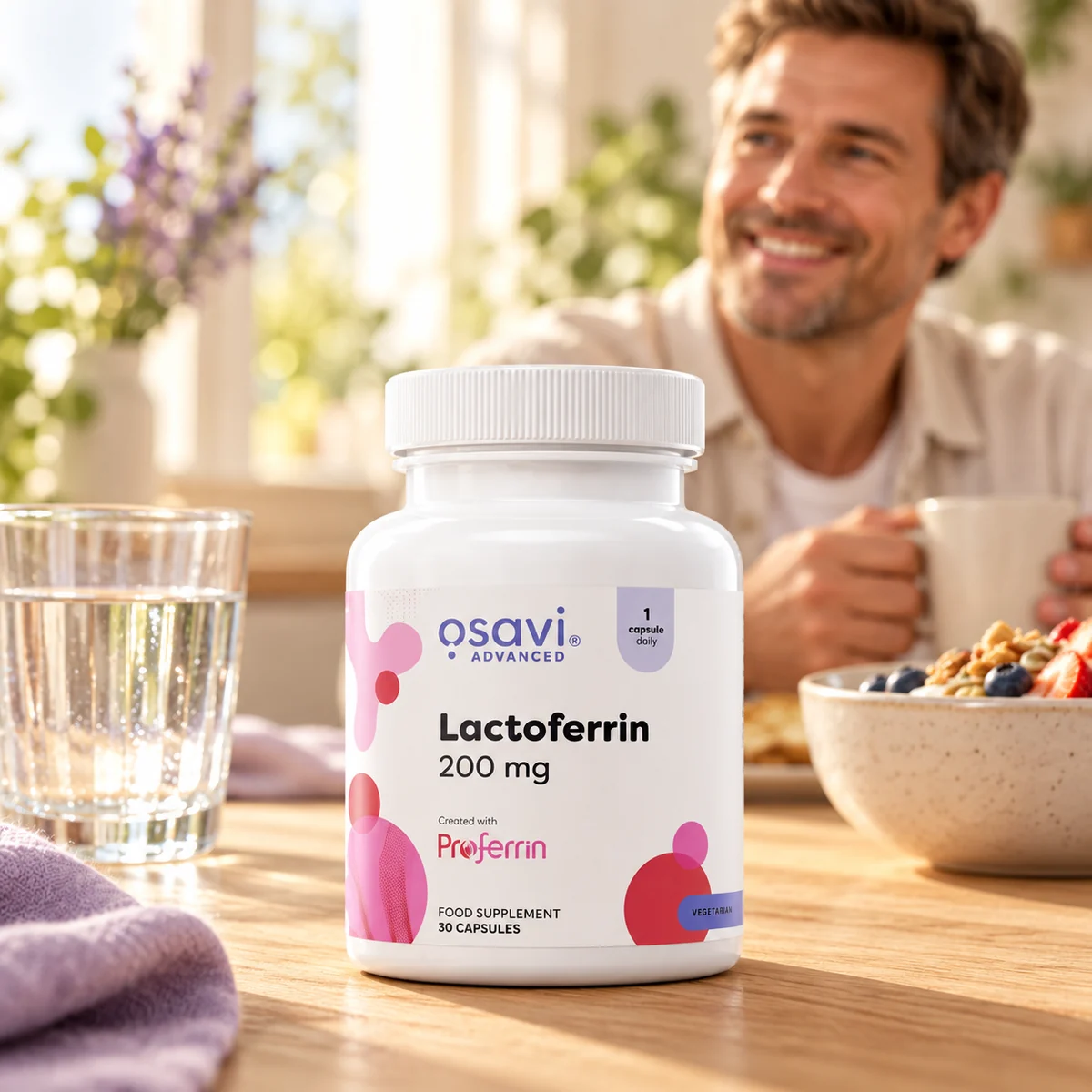 Lactoferină Osavi 200 mg, 30 capsule — flacon pe masa de mic dejun