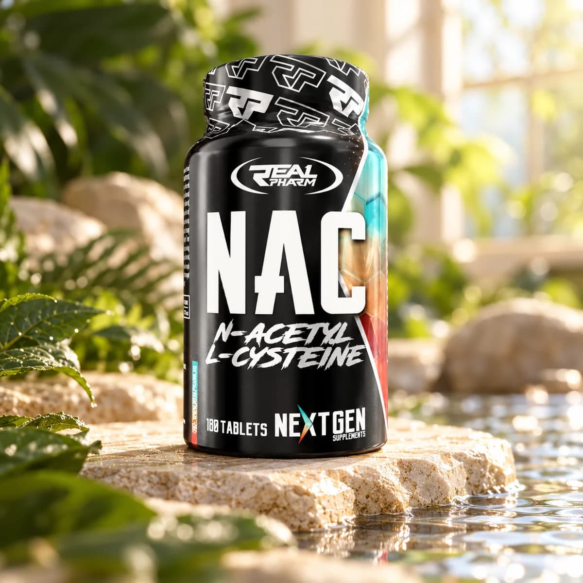 NAC Real Pharm, 180 comprimate — flacon pe piatră, lângă apă și ferigi