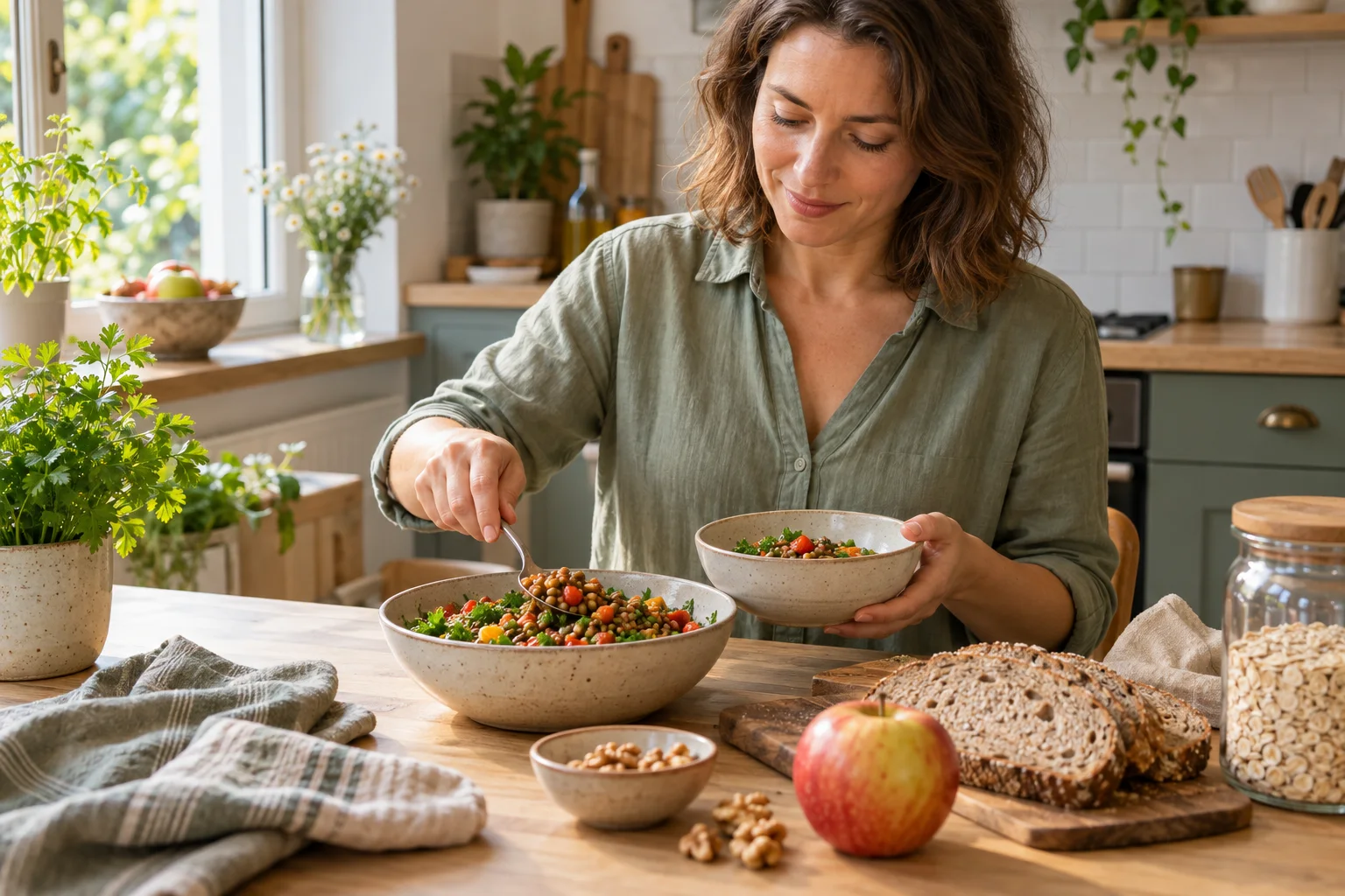 Femeie care pregătește o salată de linte, lângă ovăz, un măr și pâine integrală, într-o bucătărie luminoasă.
