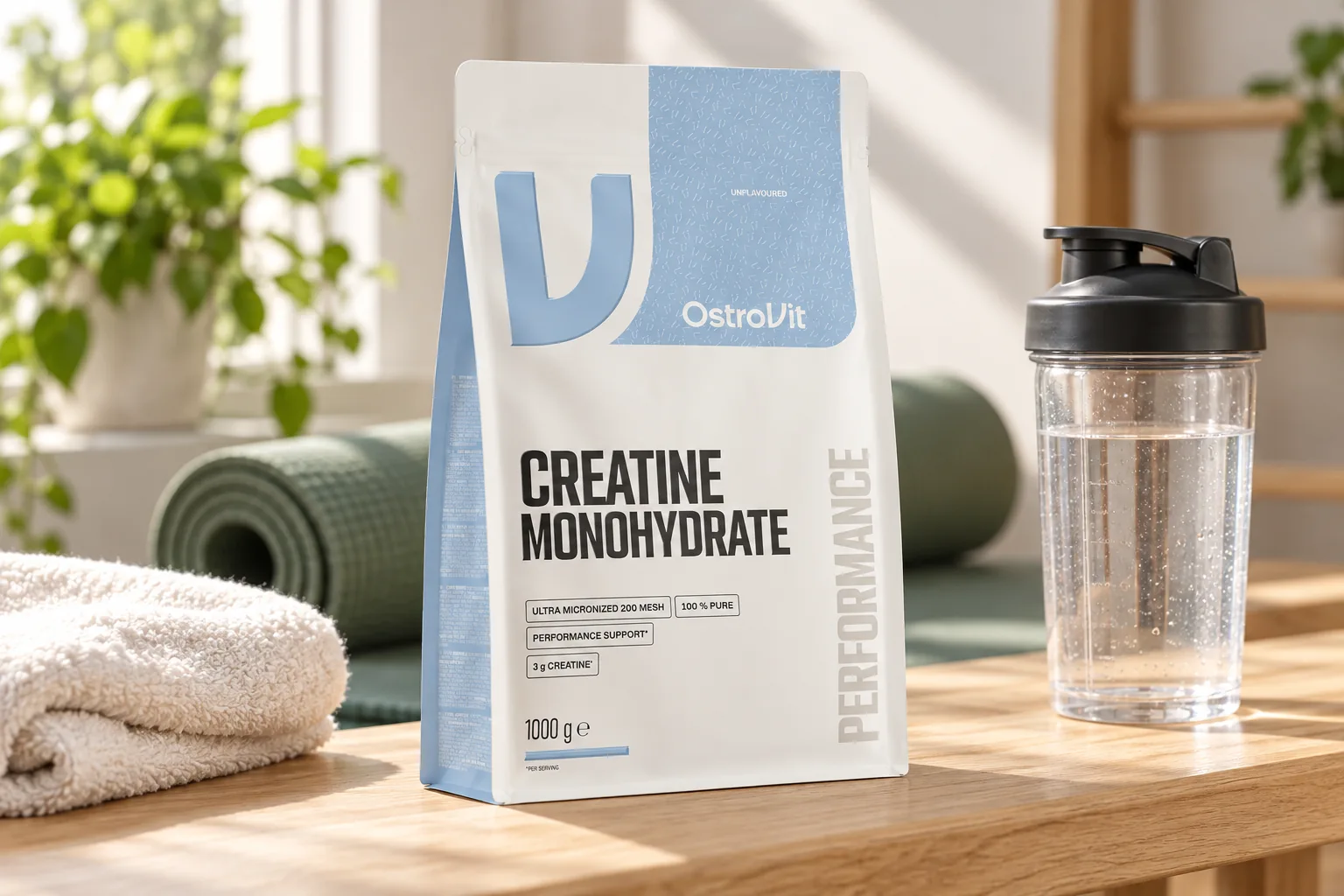 Creatină monohidrată OstroVit, 1 kg, lângă un shaker cu apă și un prosop, într-un colț luminos pentru mișcare.