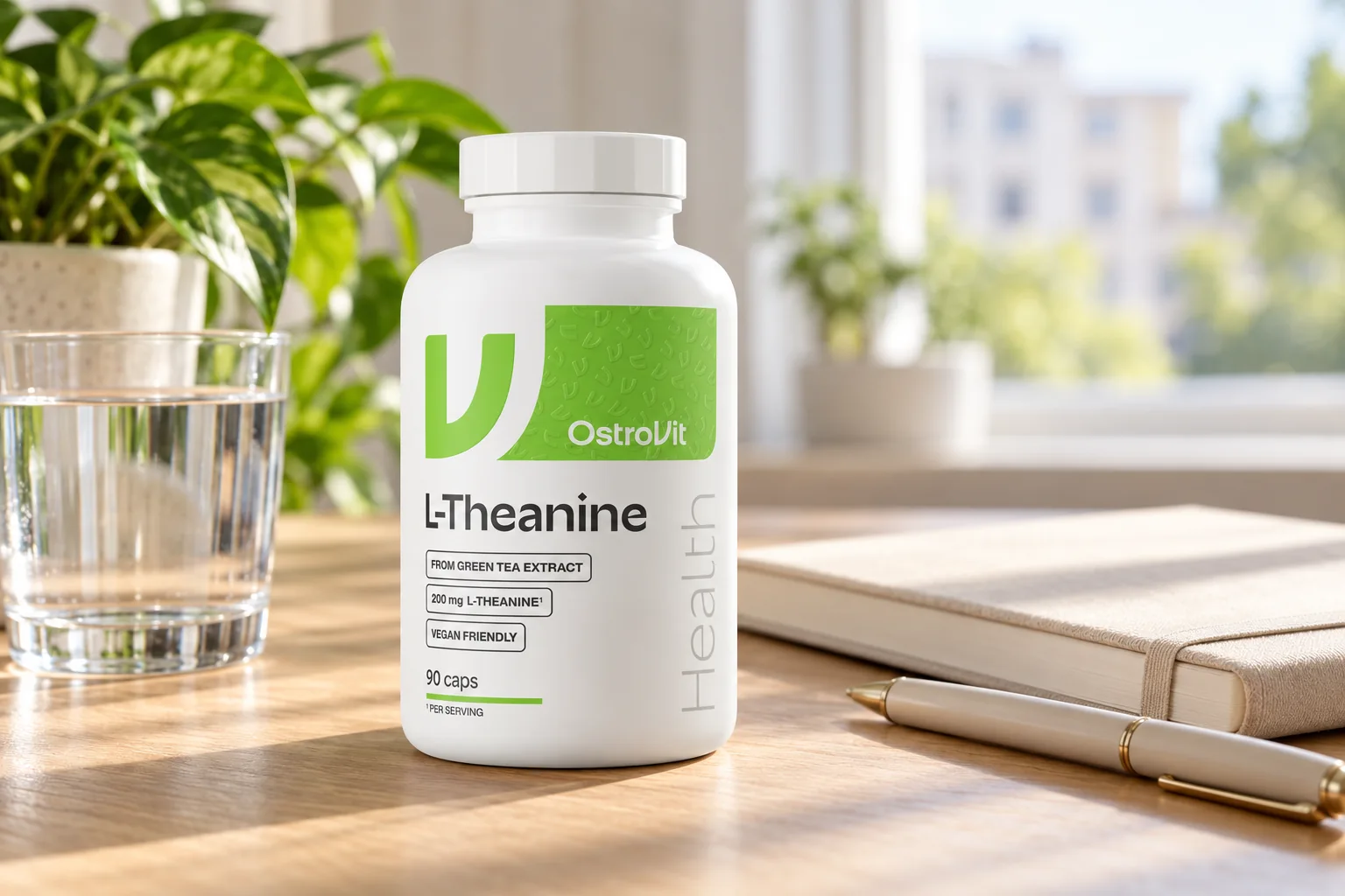 L-teanină OstroVit 200 mg, 90 capsule vegetale, pe un birou cu un caiet și un pahar cu apă.