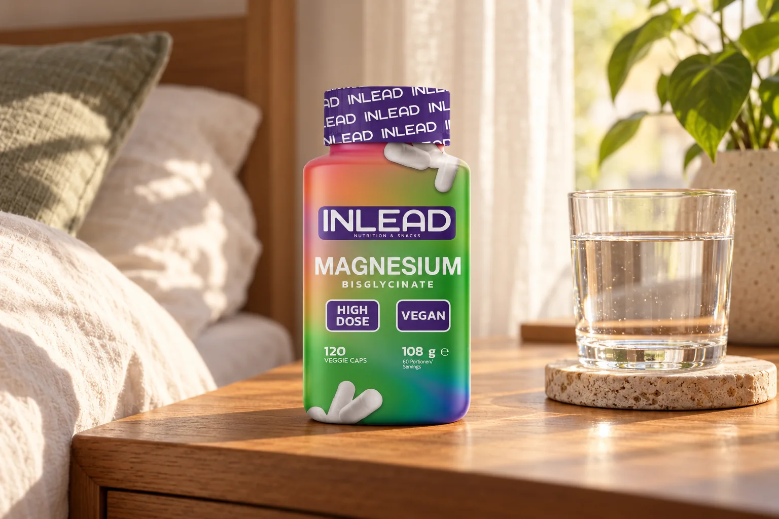 Magneziu bisglicinat Inlead, 120 capsule, pe o măsuță de lemn, lângă un pahar cu apă și perdele de in.