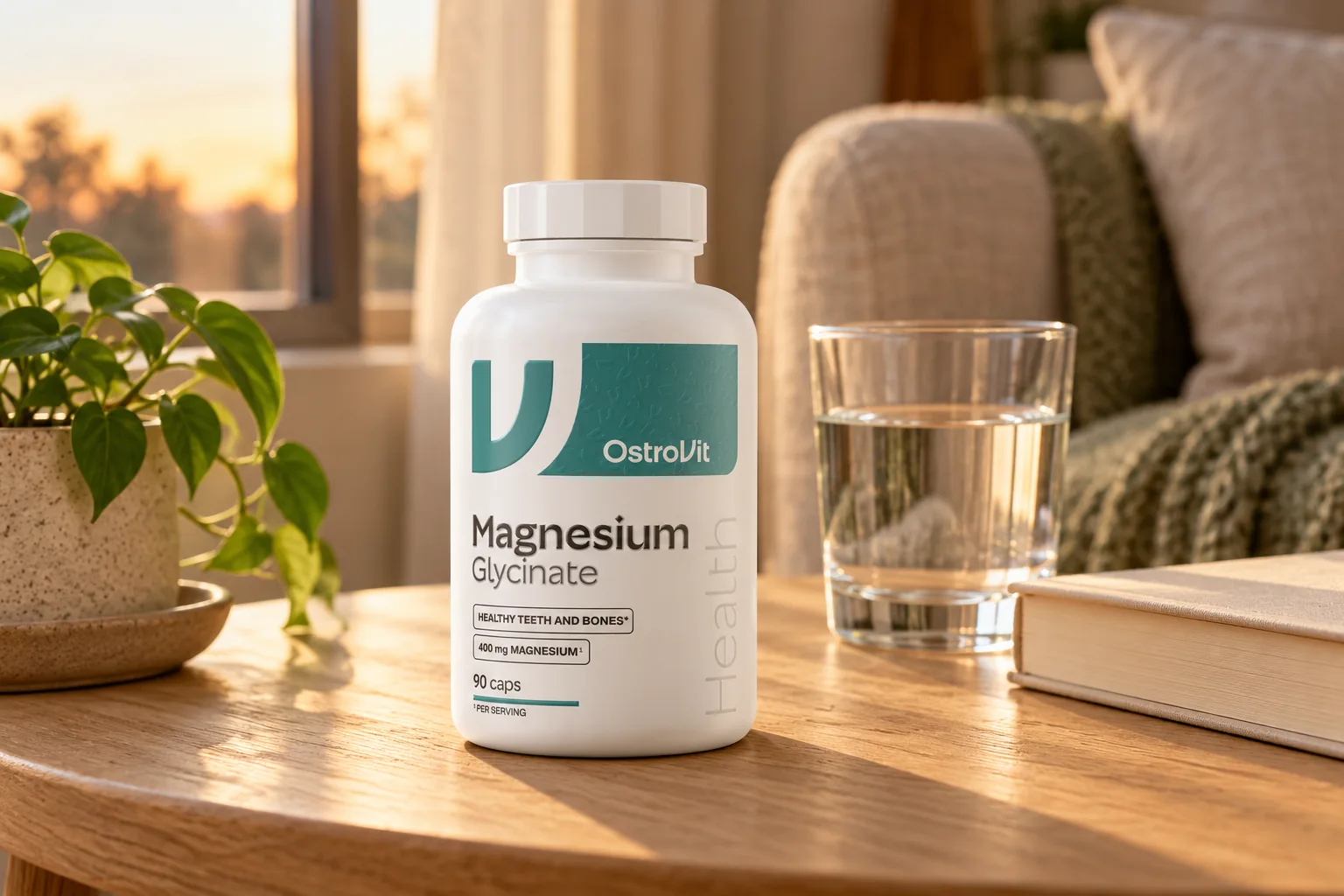 Magneziu bisglicinat OstroVit, 90 capsule, pe o măsuță cu o carte și un pahar cu apă, în lumina de seară.
