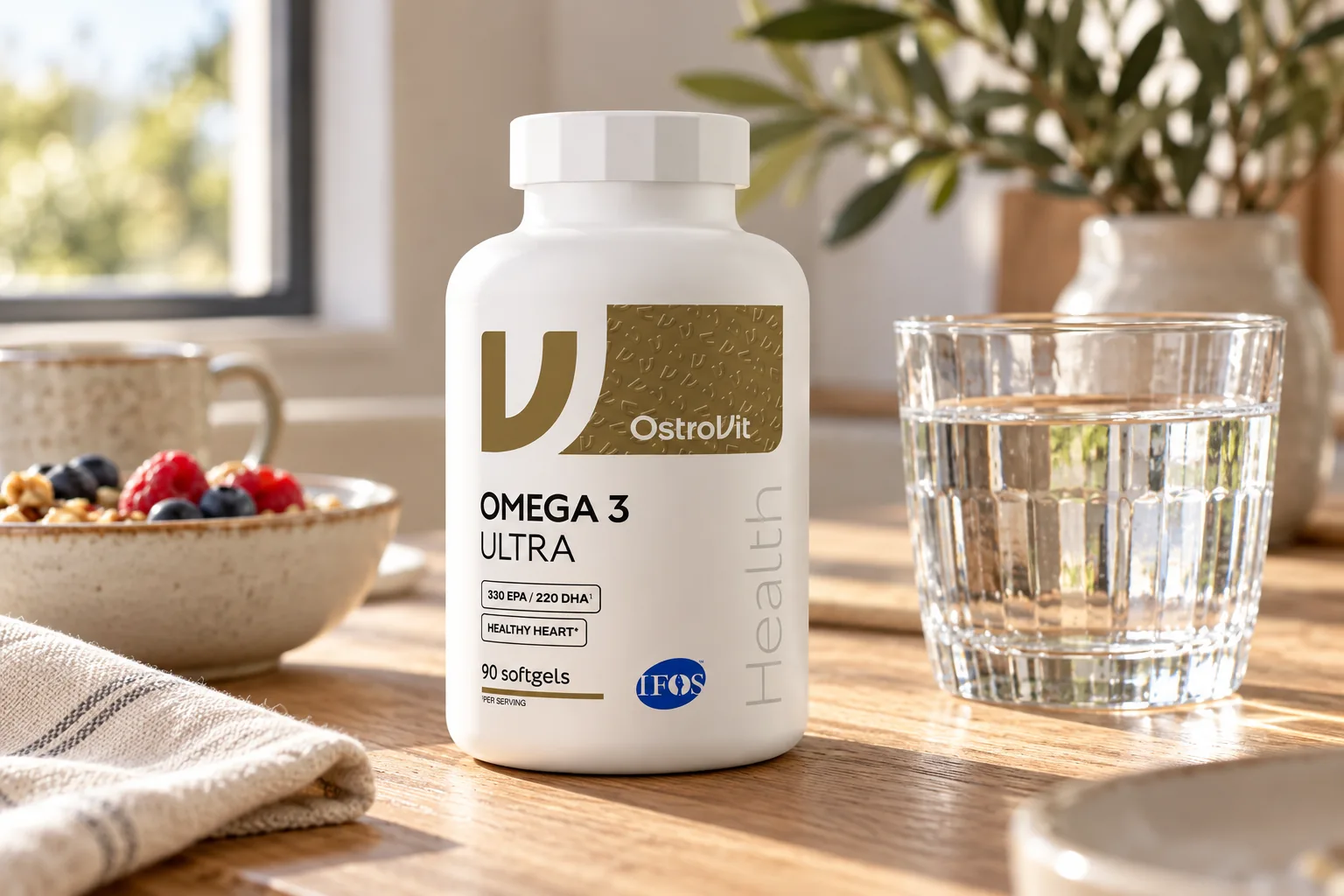 Omega 3 OstroVit Ultra, 90 capsule, lângă un pahar cu apă și un bol pentru micul dejun.