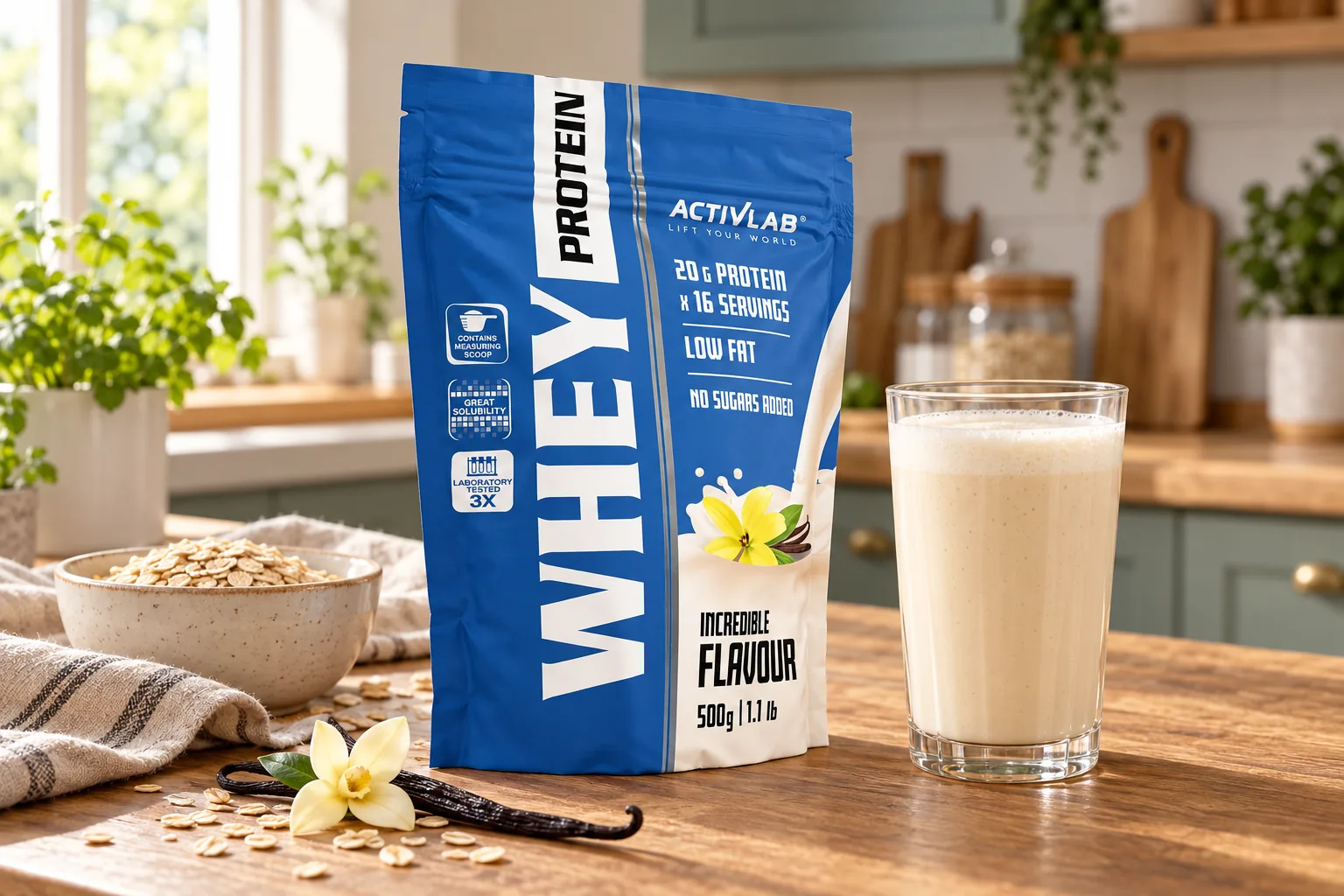 Proteină din zer Activlab Whey Protein, 500 g, vanilie, lângă un shake și un bol cu ovăz.
