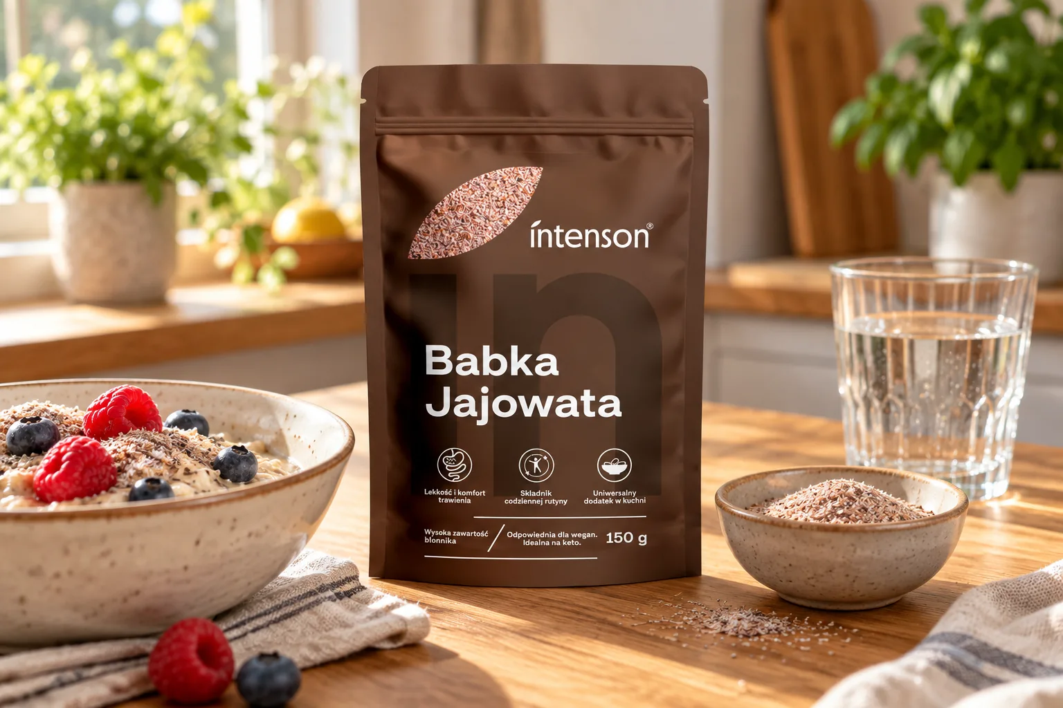 Tărâțe de psyllium Intenson, 150 g, lângă un bol de ovăz cu fructe și un pahar cu apă, pe o masă de lemn.