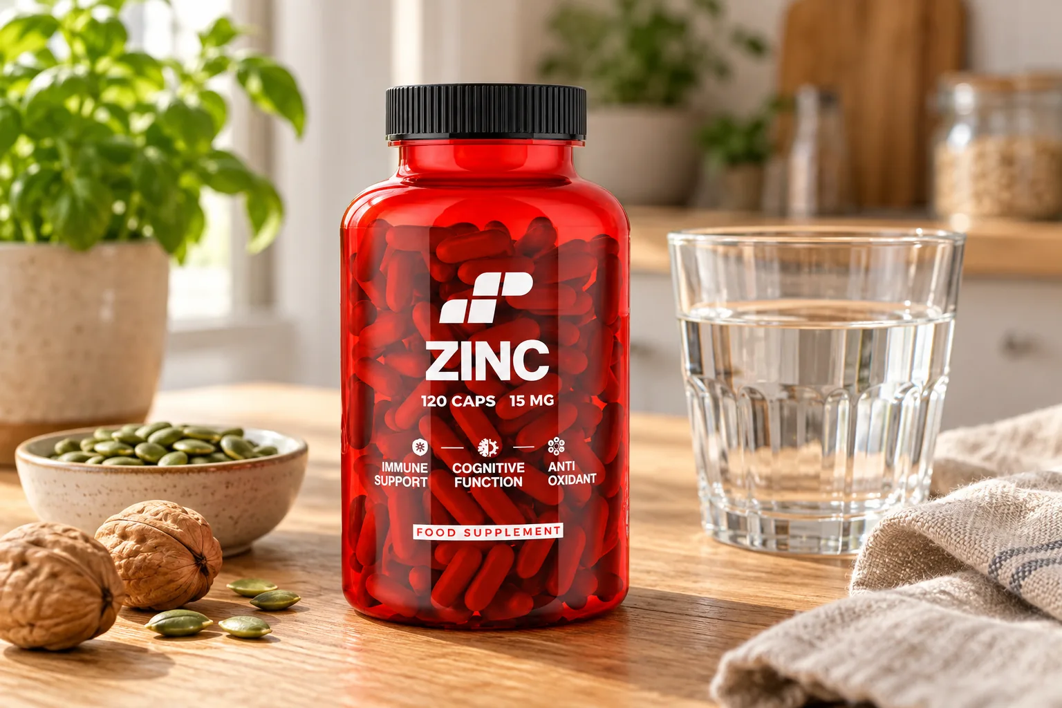 Zinc MP Sport 15 mg, 120 capsule, lângă un pahar cu apă, nuci și semințe, pe o masă de lemn.