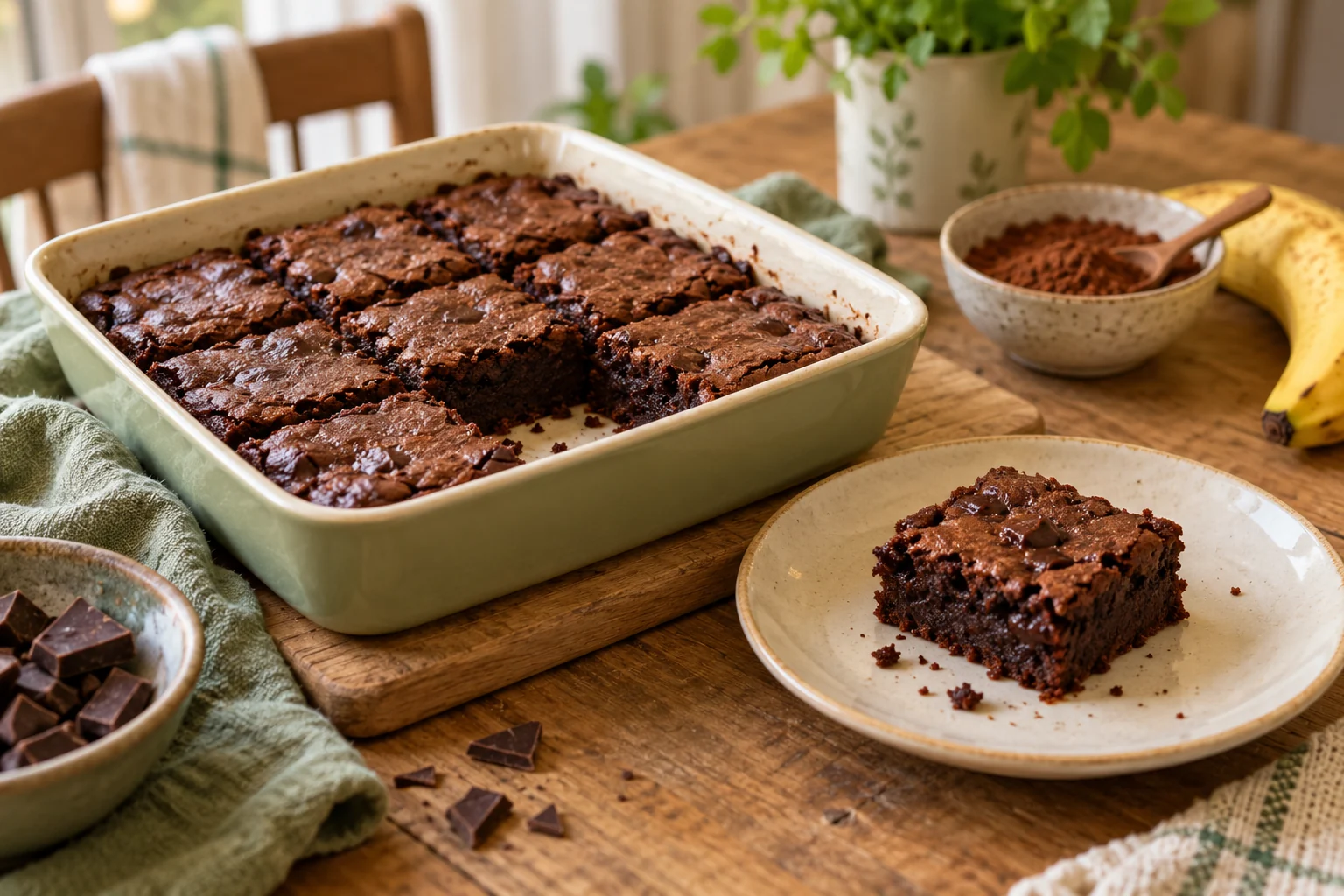 Pătrate de brownie cu cacao, cu interior dens, așezate pe hârtie de copt lângă zmeură.