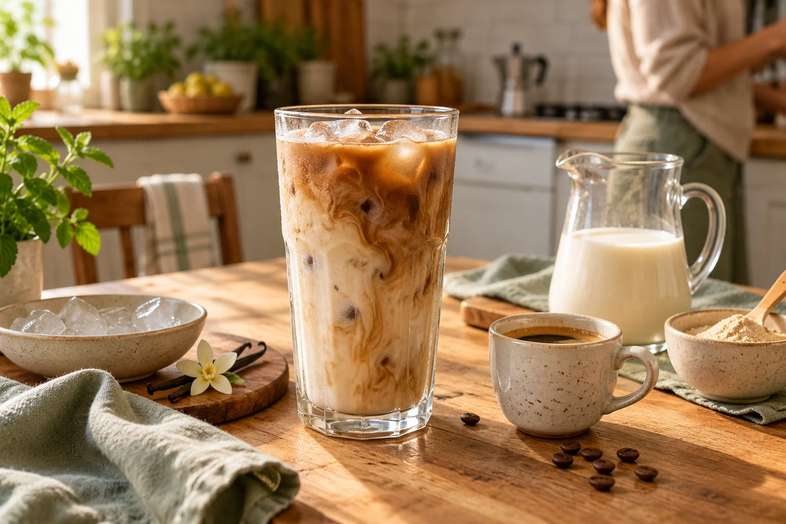 Cafea rece cu lapte și gheață într-un pahar înalt, lângă o ceașcă, lapte și pudră de vanilie.