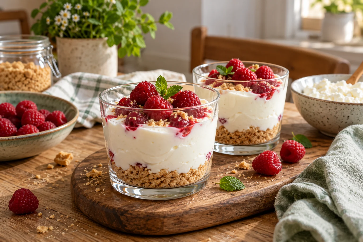 Trei pahare de cheesecake cu strat de biscuiți, cremă albă și fructe de pădure.