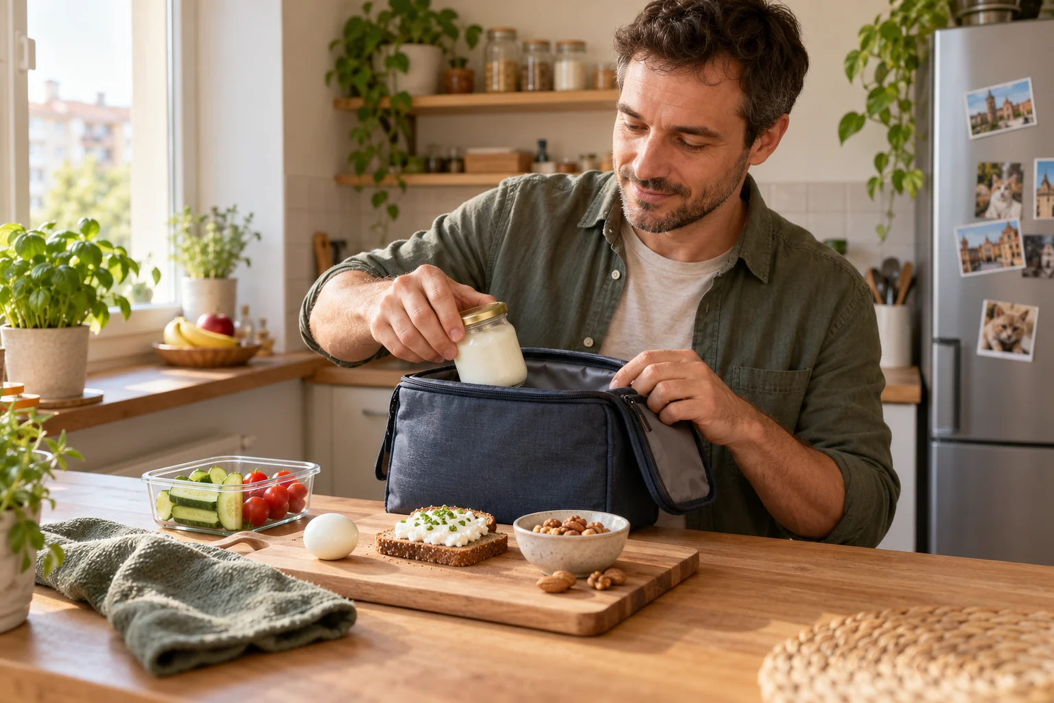O persoană pregătește pentru birou recipiente cu iaurt, fructe și gustări într-o bucătărie obișnuită.