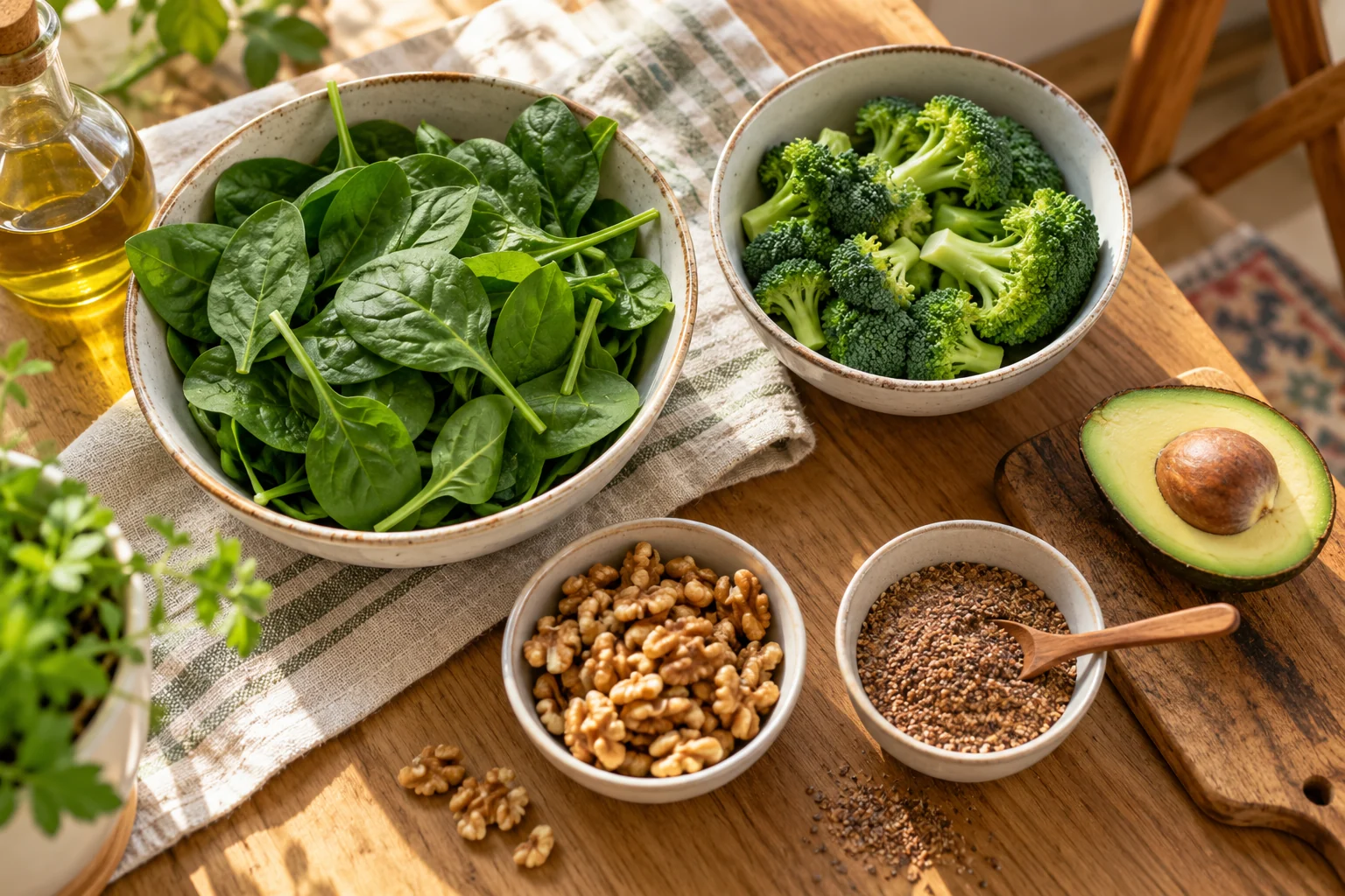 Spanac, broccoli, avocado, nuci și semințe de in, așezate pe o masă de lemn.