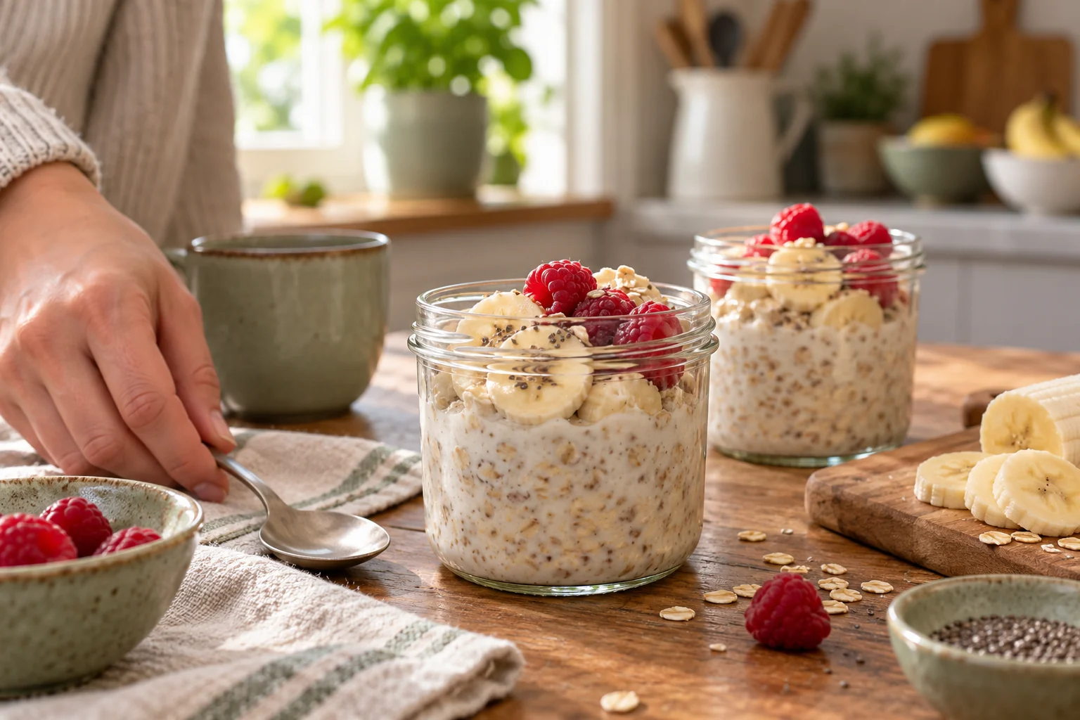 Borcan cu overnight oats, felii de banană și zmeură, lângă fulgi de ovăz și iaurt.