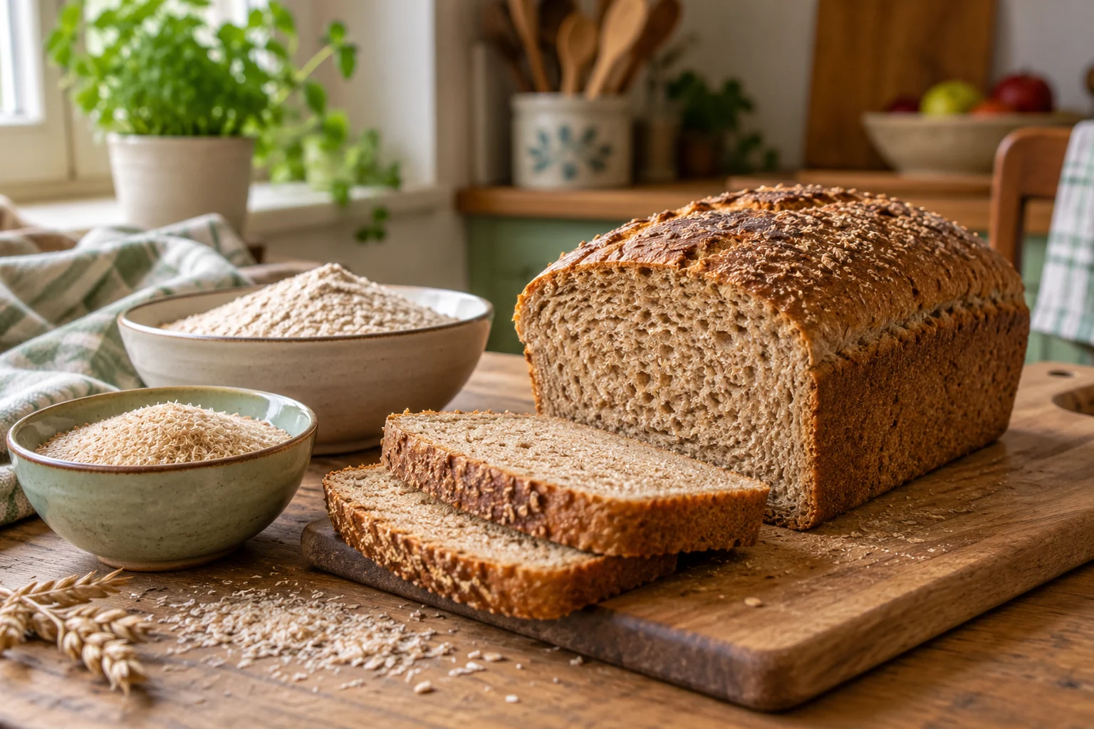 Pâine integrală feliată, cu semințe și un bol cu tărâțe de psyllium, pe un tocător.