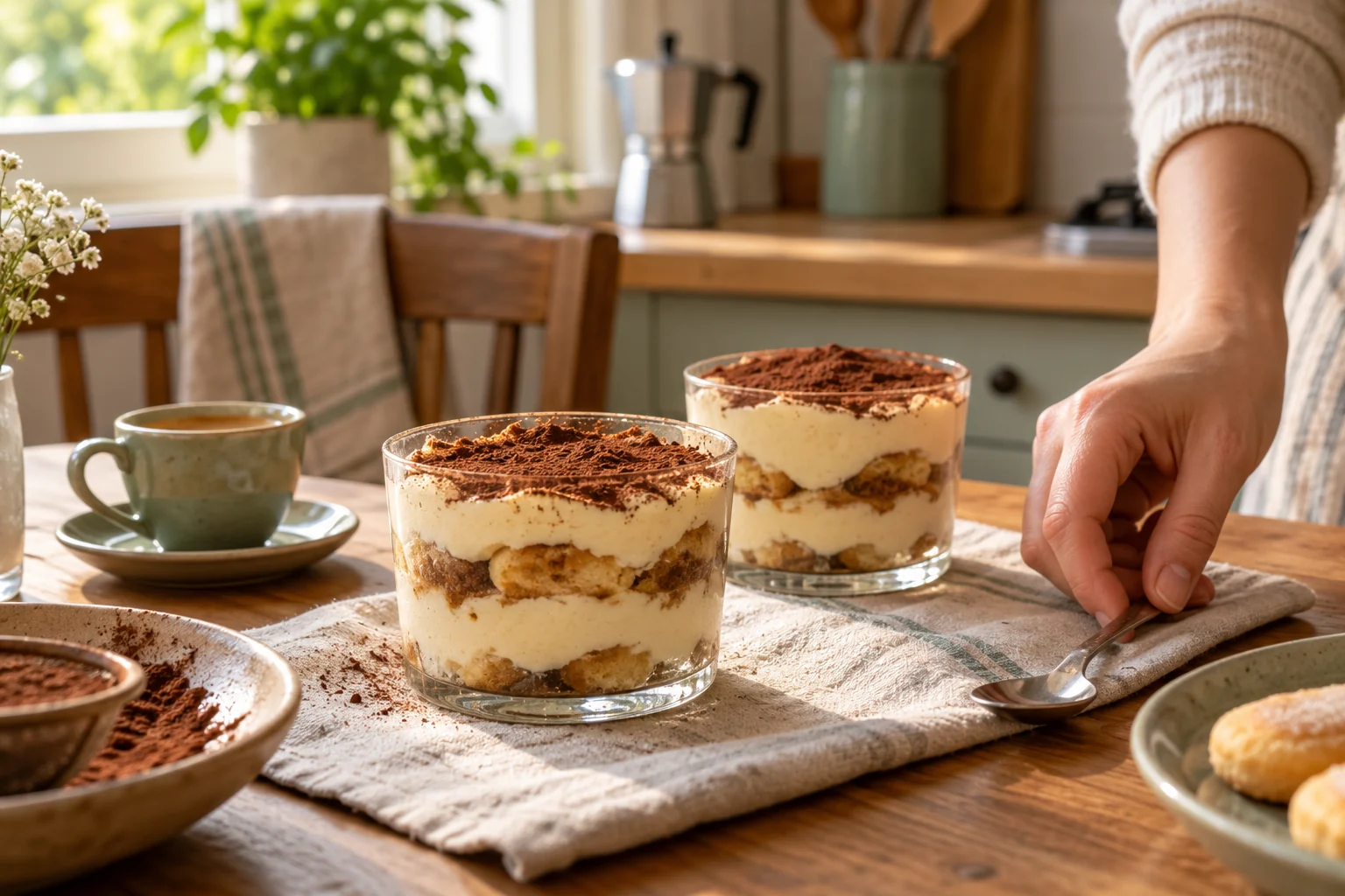 Două pahare cu tiramisu proteic, straturi de pișcoturi, cremă de vanilie și cacao.