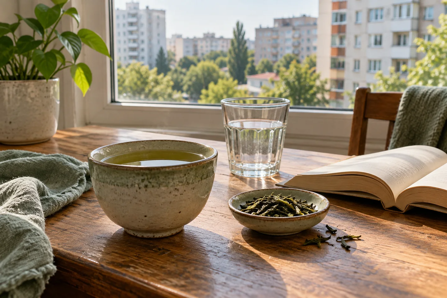 Cană cu ceai verde și frunze de ceai pe o masă lângă fereastră.
