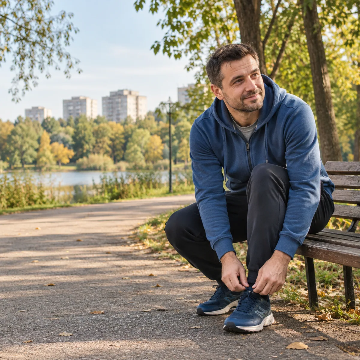 Bărbat legându-și șireturile înainte de alergare, într-un parc din București.