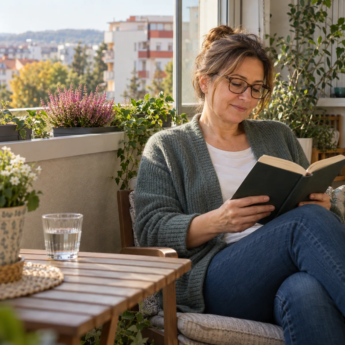 Femeie cu ochelari citind pe balconul unui apartament din Cluj.