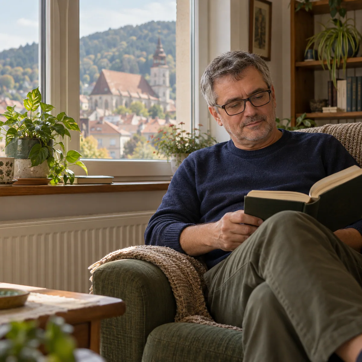 Bărbat cu ochelari citind lângă fereastră, într-o locuință din Brașov.