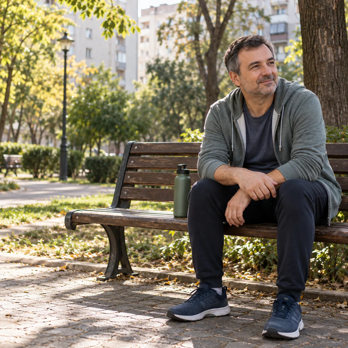 Bărbat odihnindu-se pe o bancă într-un parc de cartier.