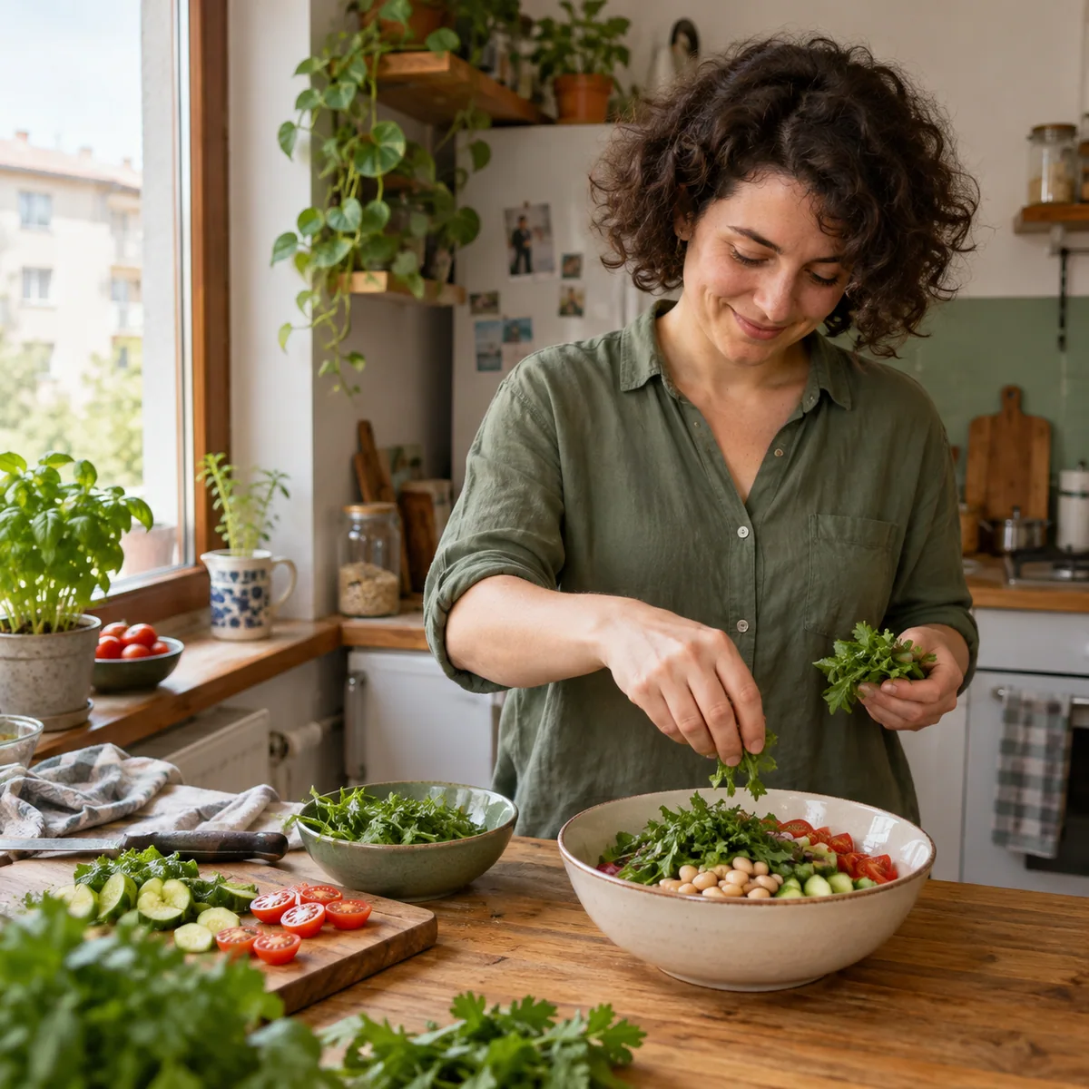 Femeie pregătind o salată cu fasole și verdețuri în bucătărie.